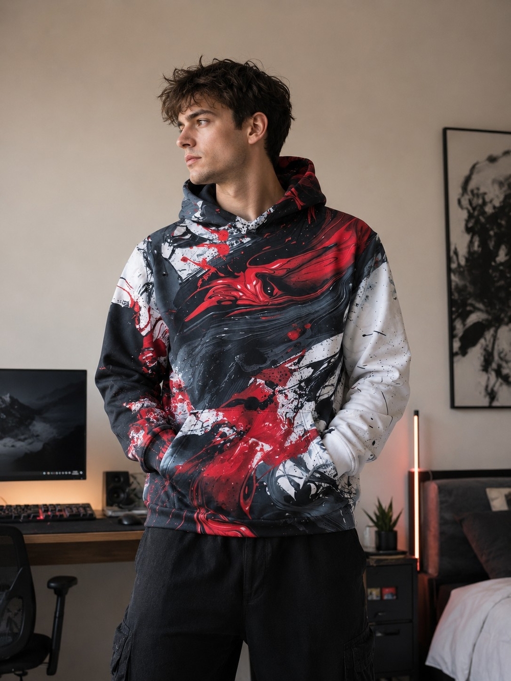 Abstract Paint-Print Hoodie - Black Red White - Unbranded Medium